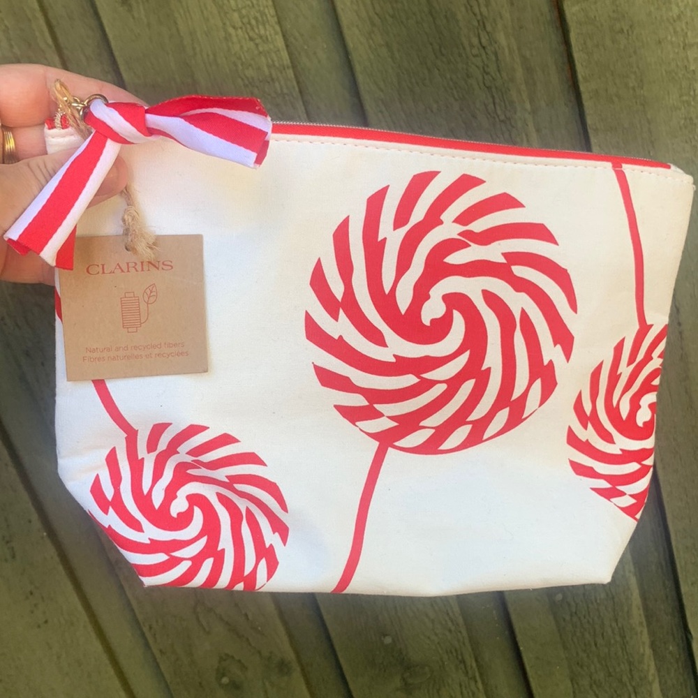 Clarins White Canvas Tote Pouch with Red Swirl Print